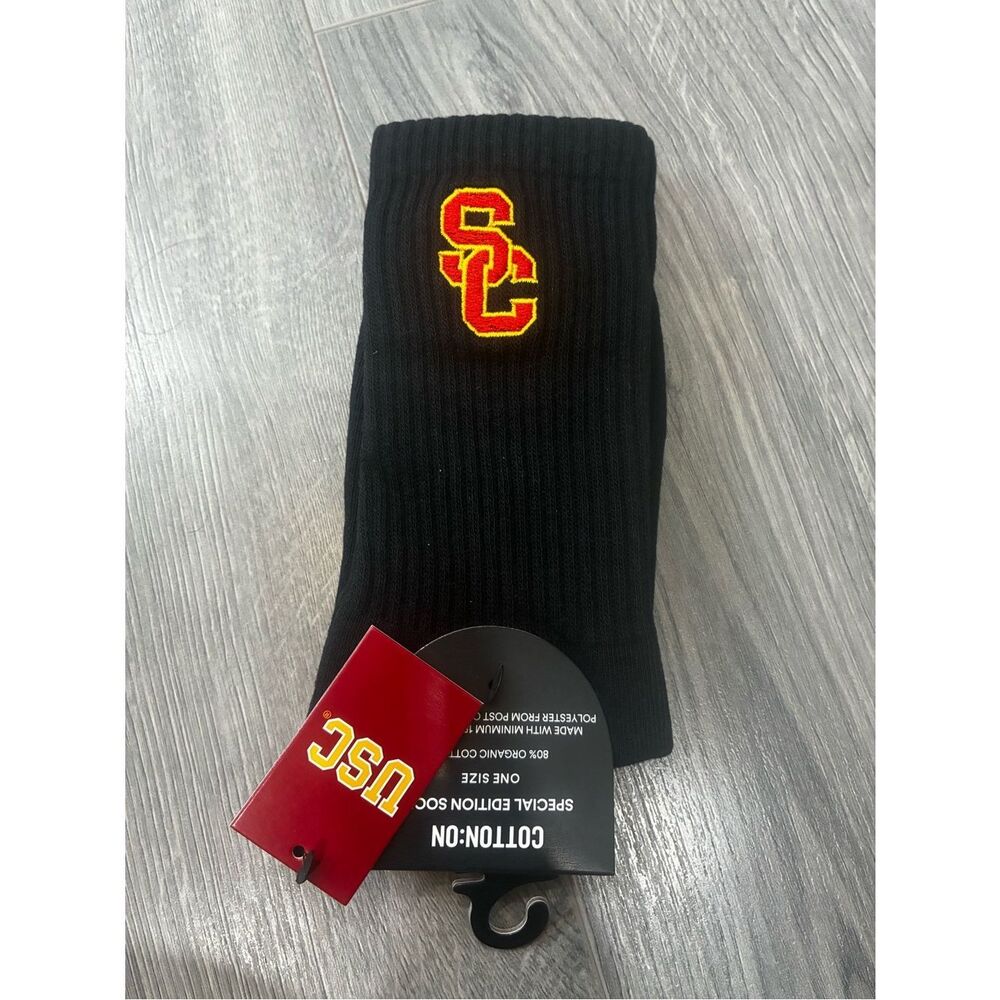 USC Black Crew Socks with Red & Gold Logo